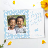 White Bunnies On Blue With Custom Photo Easter Kaart