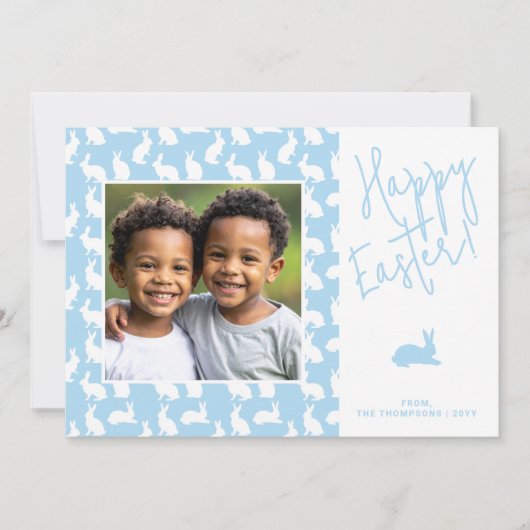 White Bunnies On Blue With Custom Photo Easter Kaart (Voorkant)