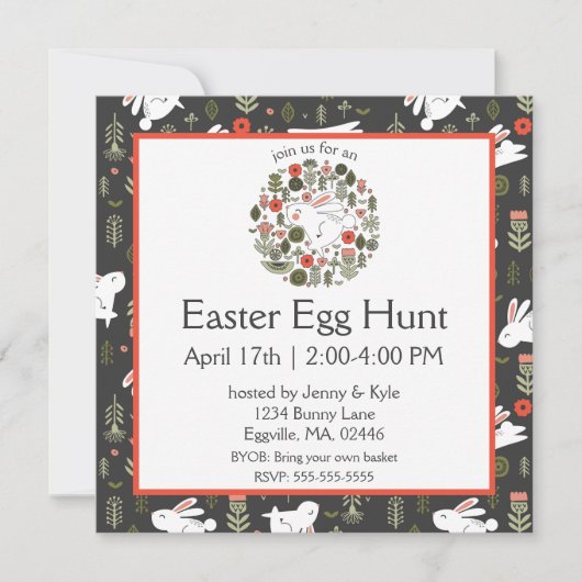 White Bunnies & Spring Flowers Easter Kaart (Voorkant)