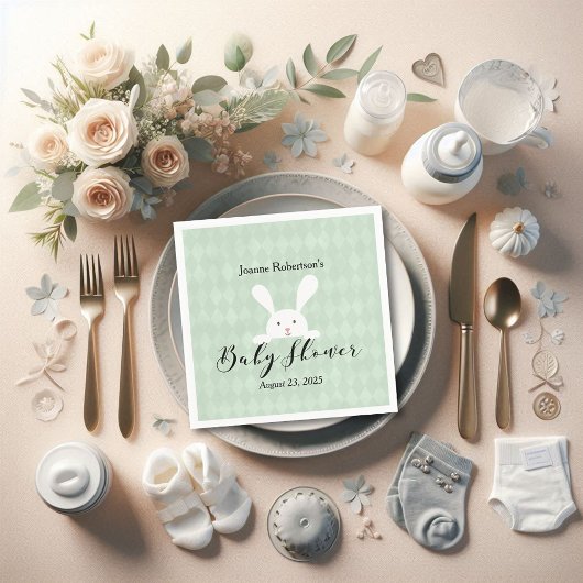 White Bunny Baby shower Modern | Groene Argyle Servet