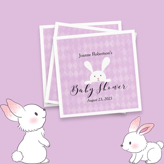 White Bunny Baby shower Modern | Paarse Argyle Servet