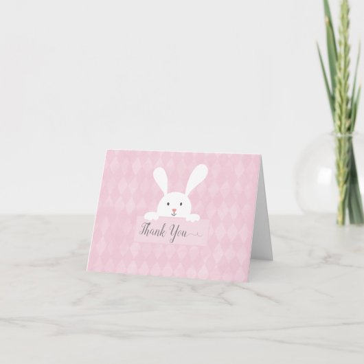 White Bunny Baby shower Pink Argyle Dank je Bedankkaart (Voorkant)