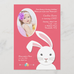 White Bunny Easter Birthday Photo Invitation Kaart