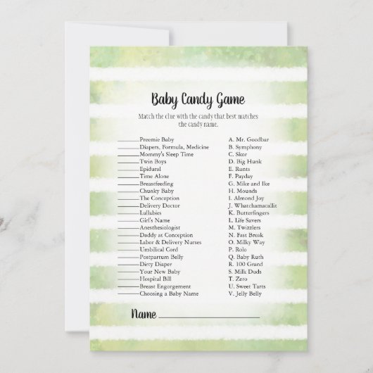 White Bunny Green Baby Snoep Baby shower Game Kaart (Voorkant)