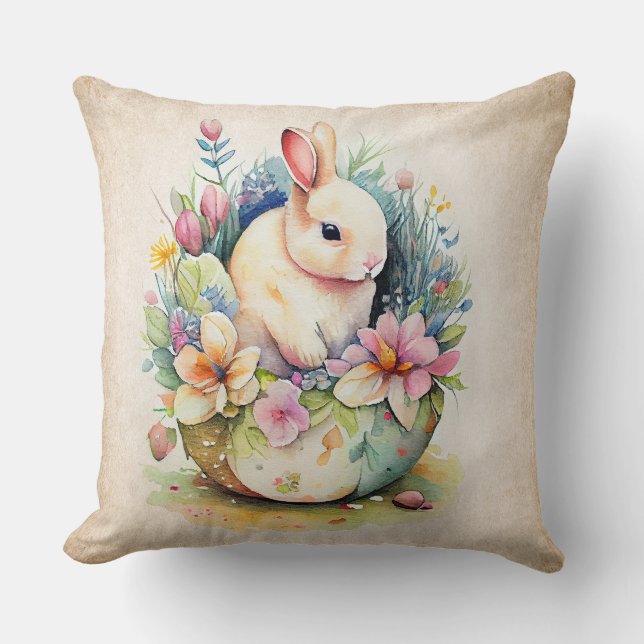  White Bunny met bloemen Kussen (Voorkant)