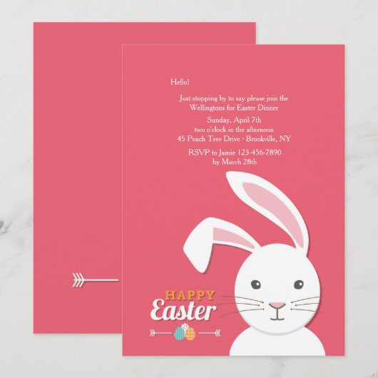 White Bunny Pasen Uitnodiging (Voorkant / Achterkant)