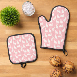 White Bunny Pattern On Blush Pink Adorable Easter Ovenwant & Pannenlap Set