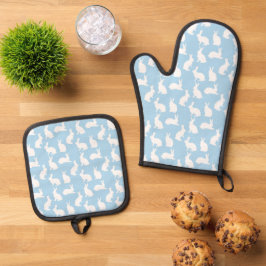 White Bunny Pattern On Pastel Blue Cute Easter Ovenwant & Pannenlap Set