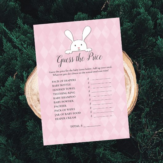 White Bunny Pink raadt het prijsspel Baby shower Kaart