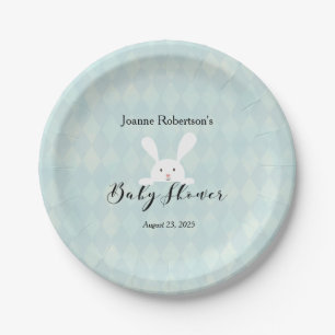 White Bunny Rabbit Baby shower   Aqua Blue Argyle Papieren Bordje
