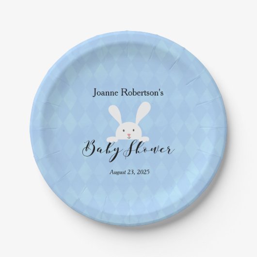 White Bunny Rabbit Baby shower | Baby Blue Argyle Papieren Bordje (Voorkant)