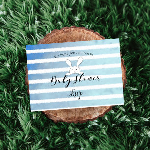 White Bunny Rabbit Baby shower Blue Stripe RSVP Informatiekaartje