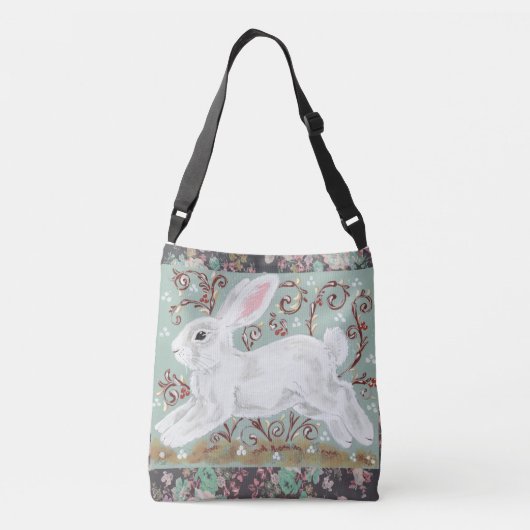 White Bunny Rabbit Floral Aqua Cross Body Canvas t Crossbody Tas (Achterkant)