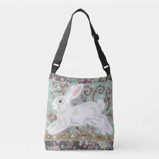 White Bunny Rabbit Floral Aqua Cross Body Canvas t Crossbody Tas (Voorkant)