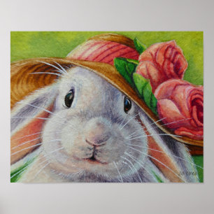 White Bunny Rabbit in Spring Bonnet Art 11x14 Poster