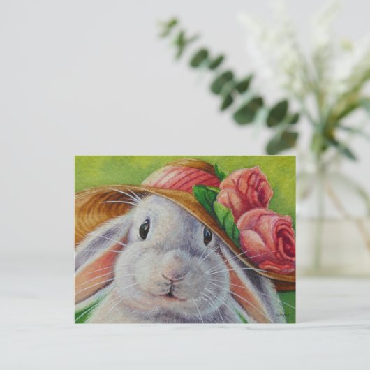 White Bunny Rabbit in Spring Bonnet Waterverf Art Briefkaart (Staand voorkant)