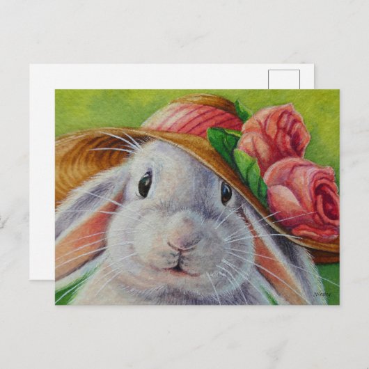 White Bunny Rabbit in Spring Bonnet Waterverf Art Briefkaart (Voorkant / Achterkant)