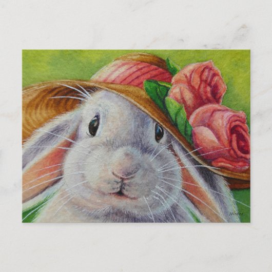White Bunny Rabbit in Spring Bonnet Waterverf Art Briefkaart (Voorkant)