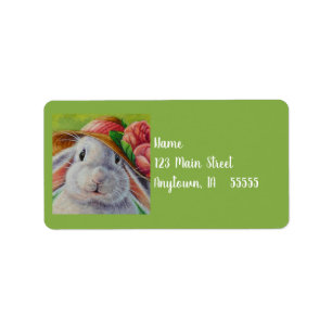 White Bunny Rabbit in Spring Bonnet Waterverf Art Etiket