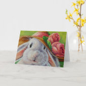 White Bunny Rabbit in Spring Bonnet Waterverf Art Kaart (Gele Bloem)