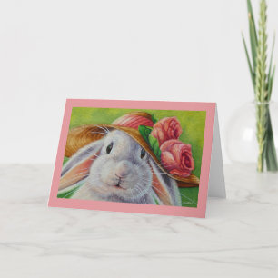 White Bunny Rabbit in Spring Bonnet Waterverf Art Kaart