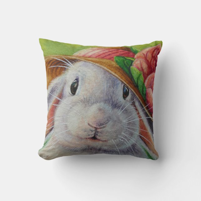 White Bunny Rabbit in Spring Bonnet Waterverf Art Kussen (Voorkant)