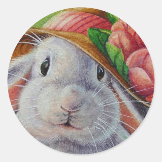 White Bunny Rabbit in Spring Bonnet Waterverf Art Ronde Sticker (Voorkant)