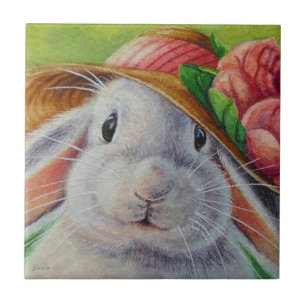 White Bunny Rabbit in Spring Bonnet Waterverf Art Tegeltje