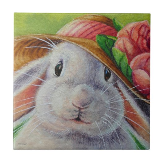 White Bunny Rabbit in Spring Bonnet Waterverf Art Tegeltje (Voorkant)