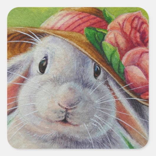 White Bunny Rabbit in Spring Bonnet Waterverf Art Vierkante Sticker (Voorkant)