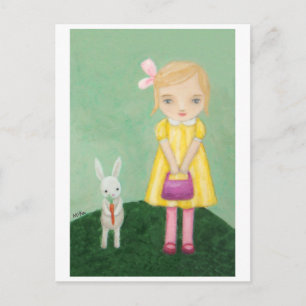 White Bunny Rabbit met Yellow Dress Girl Card Briefkaart