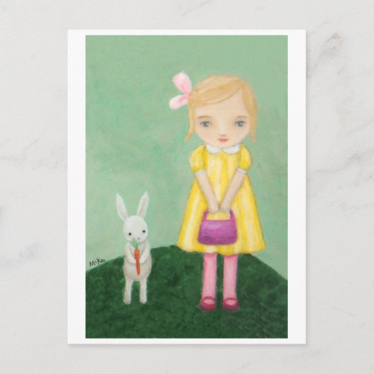 White Bunny Rabbit met Yellow Dress Girl Card Briefkaart (Voorkant)