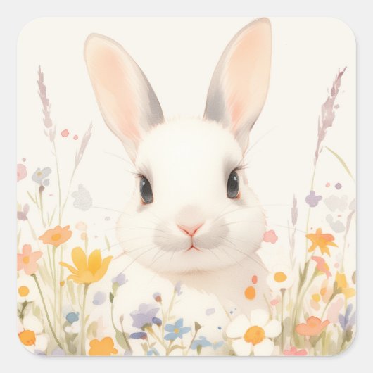 White Bunny with Pink Nose in Spring Wildflower Vierkante Sticker (Voorkant)