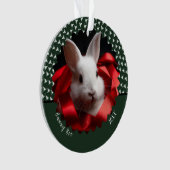 White bunny with red ribbon on green holiday  ornament (voorkant)