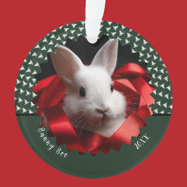 White bunny with red ribbon on green holiday ornament