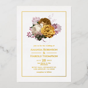 White Burgundy and Gold Floral Wedding Folie Uitnodiging