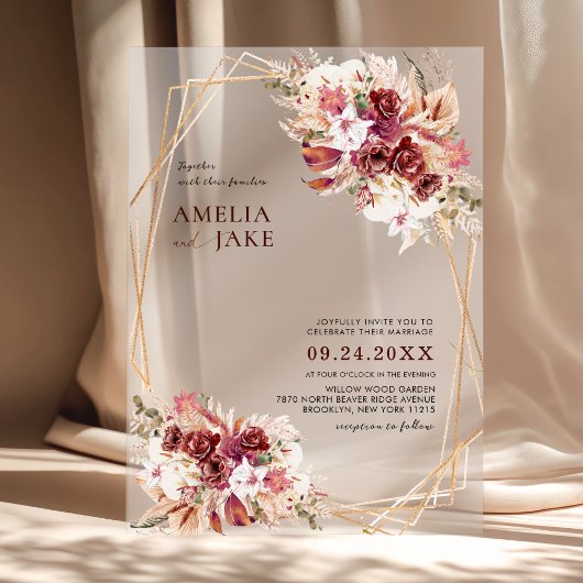 White & Burgundy Floral Gold Geometric Wedding Acryl Uitnodigingen