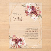 White & Burgundy Floral Gold Geometric Wedding Acryl Uitnodigingen (Voorkant)