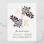 White Burgundy Floral Greenery Monogram Weddenscha Folie Uitnodiging Briefkaart (Voorkant)