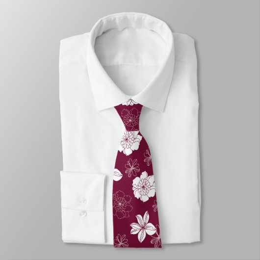 White & Burgundy Graphic Floral Pattern Stropdas (Gebonden)