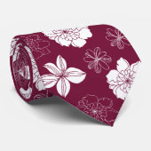 White & Burgundy Graphic Floral Pattern Stropdas (Opgerold)