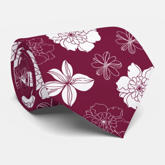 White & Burgundy Graphic Floral Pattern Stropdas (Opgerold)