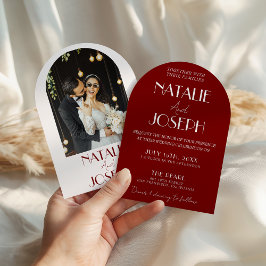 White Burgundy Minimalist Photo Arched Wedding Kaart