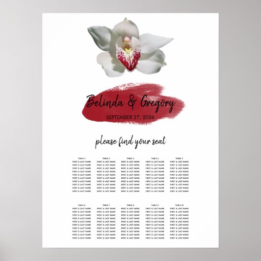 White Burgundy Orchid Wedding Seding Chart Poster (Voorkant)