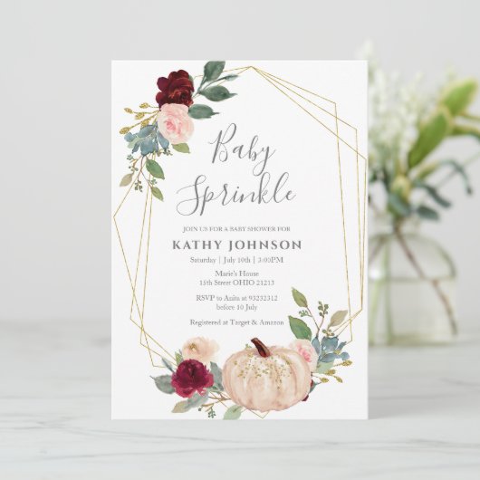 White Burgundy Pumpkin Baby Sprinkle Invitation Kaart (Staand voorkant)