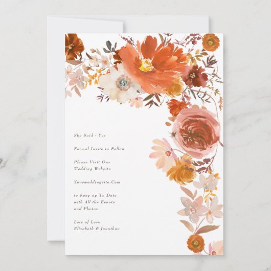 White Burnt Sinaasappel Floral Wedding Arch Foto Save The Date (Achterkant)