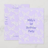 White Butterfly  Blue Grey 1st Birthday Part Kaart (Voorkant / Achterkant)