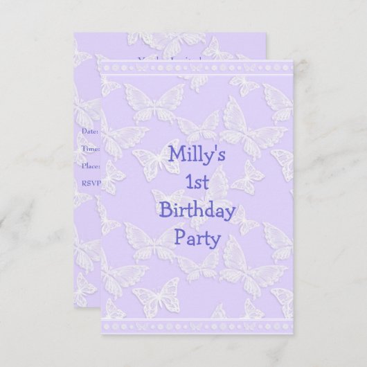 White Butterfly  Blue Grey 1st Birthday Part Kaart (Voorkant / Achterkant)