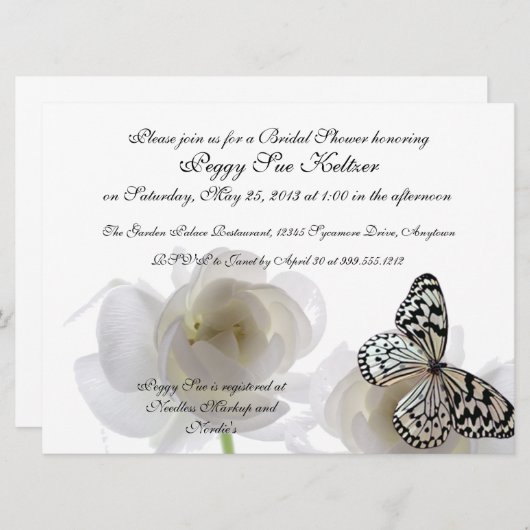 White Butterfly Custom Bridal Shower Invitations Kaart (Voorkant / Achterkant)