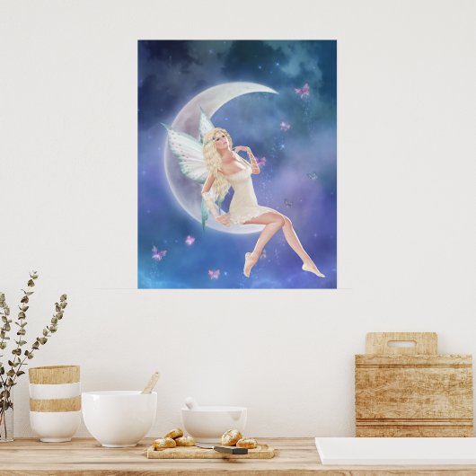 White Butterfly Fairy Moon Poster Print (Keuken)